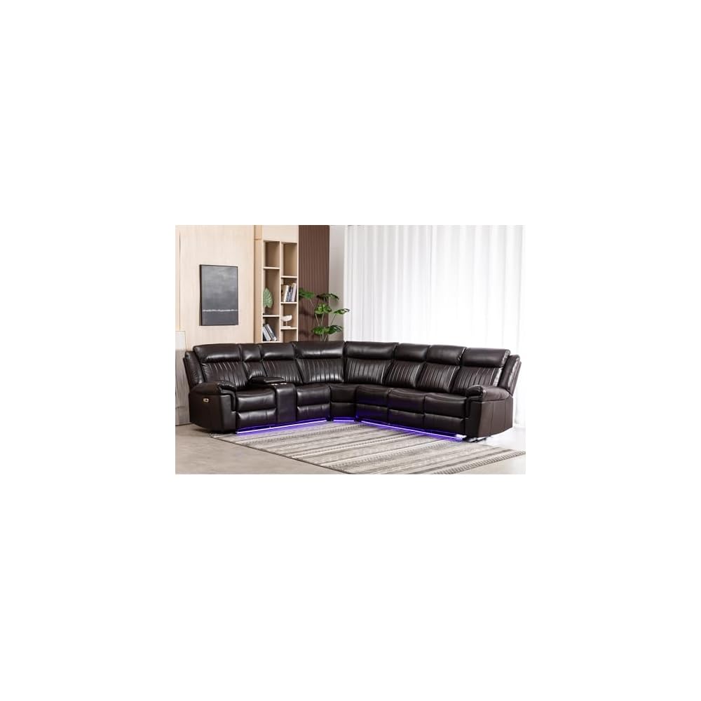 Power Reclining Sectional Sofa Set, L-Shaped Faux Leather, Brown