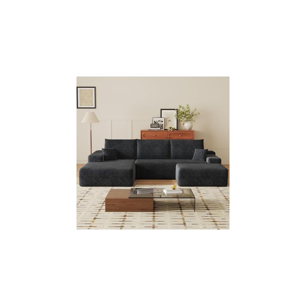 107" U Shaped Cloud Corduroy Couch with Ottoman, Comfy Sectional Boneless Couches for Living Room Bedroom, Deep Seat Sleeper Compression Sofa, No Assembly, Left Facing Chaise, Black