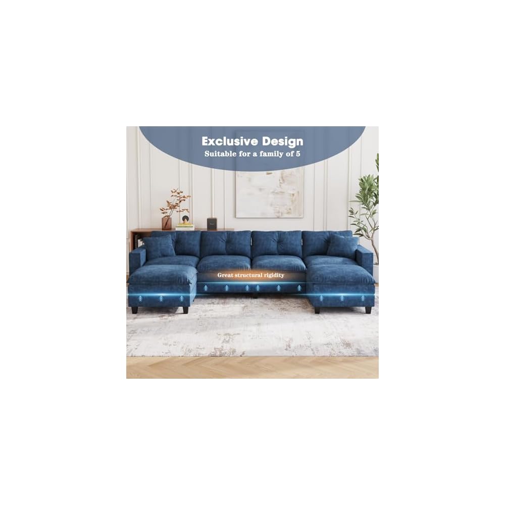 137",U Shaped Couch,Modern Modular Sectional Sofa, 4-Seater Comfy Cloud Couch with Two Movable Ottoman & Throw Pillows for Living Room, Bedroom and Apartment, Dark Blue