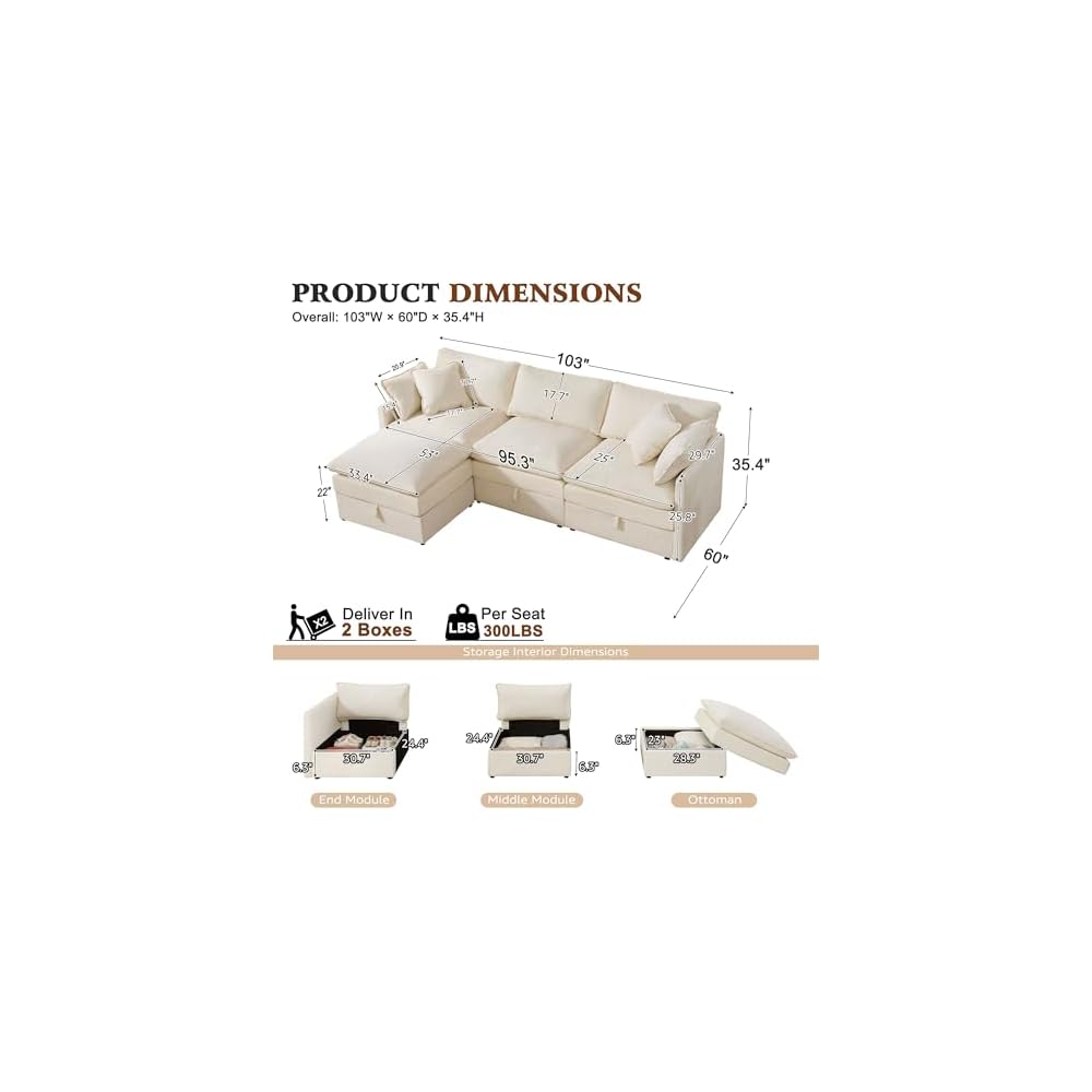 103" Modular Sectional Sofa with Storage, L Shaped Cloud Couch with Movable Ottomans & 4 Pillows, Chenille Deep Seat Sectional Couches for Living Room, Apartment (Beige)