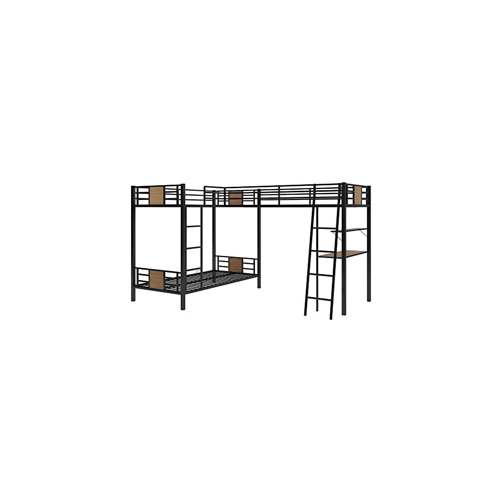 L-Shaped Twin Over Twin Bunk Bed with Twin Size Loft Bed with Desk and Shelf,Brown