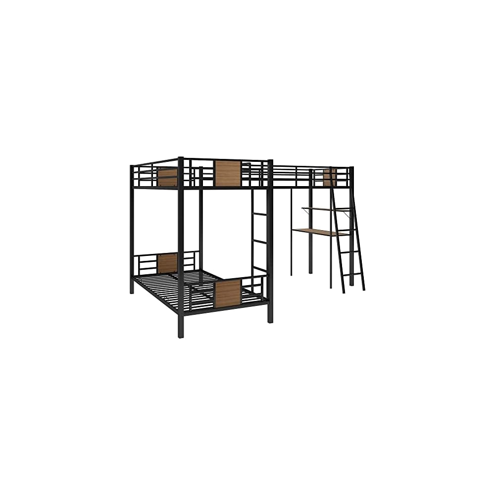L-Shaped Twin Over Twin Bunk Bed with Twin Size Loft Bed with Desk and Shelf,Brown