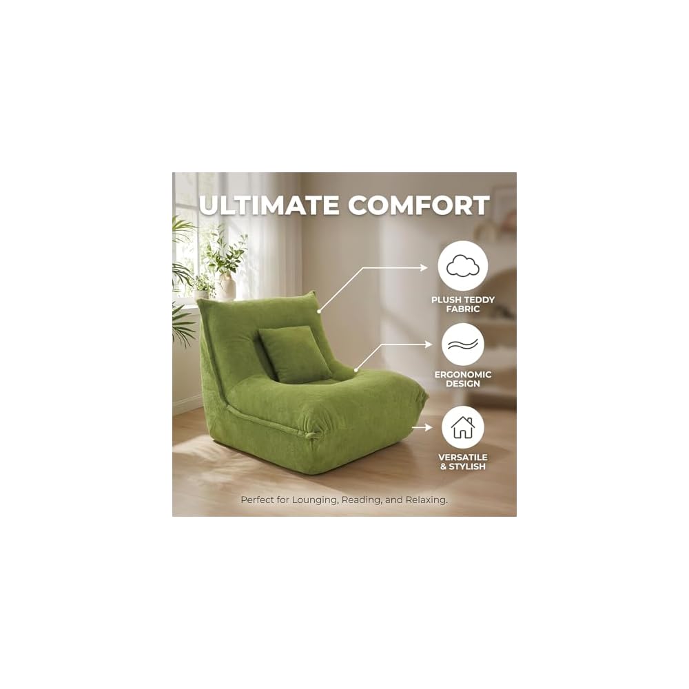 Chaise Lounge Chair - Modern Single Seater Floor Sofa with Pillow, Memory Foam Filled Compressed Sofa for Bedroom Game Living Room - Comfortable Ergonomic Lounger, No Assembly Needed, Green