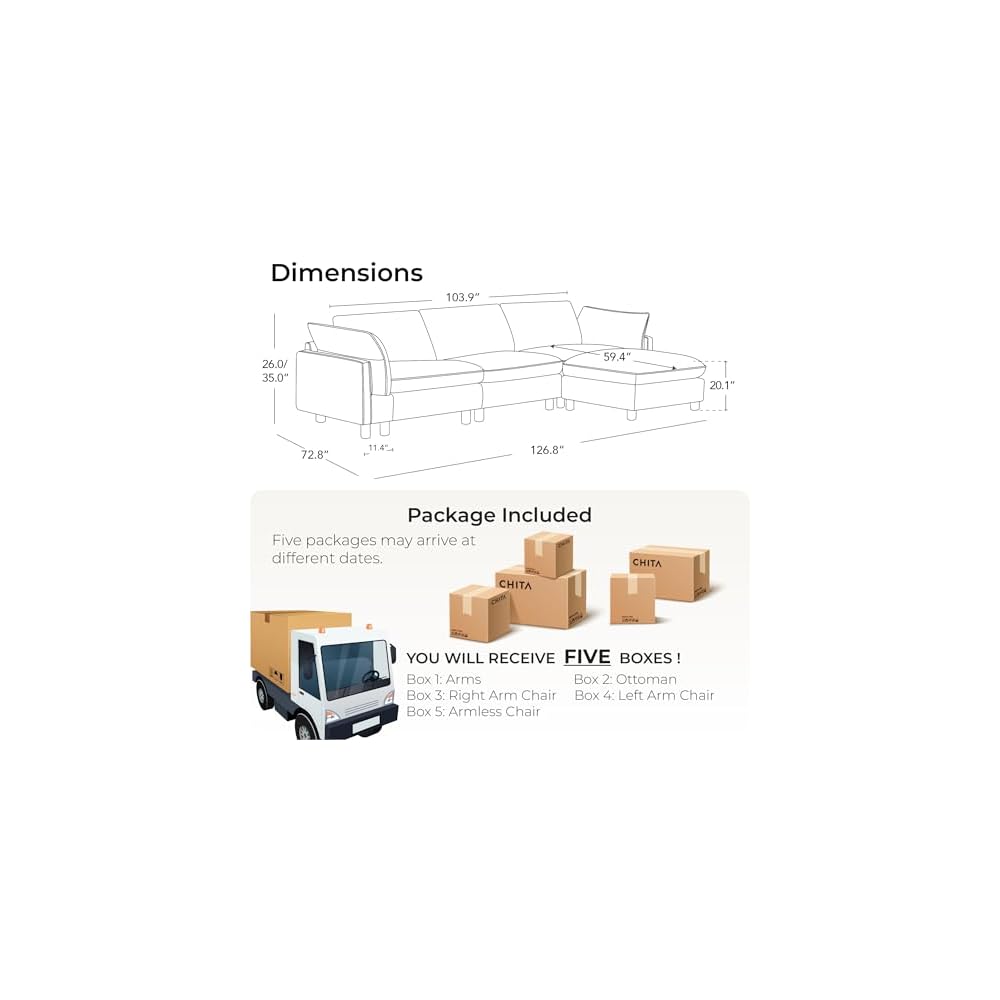 127" Large Sectional Sofa, Modular Cloud Couch, 4 Seater, Cream