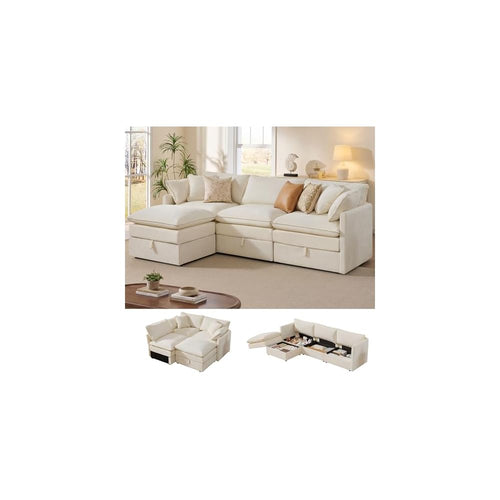 103" Modular Sectional Sofa with Storage, L Shaped Cloud Couch with Movable Ottomans & 4 Pillows, Chenille Deep Seat Sectional Couches for Living Room, Apartment (Beige)