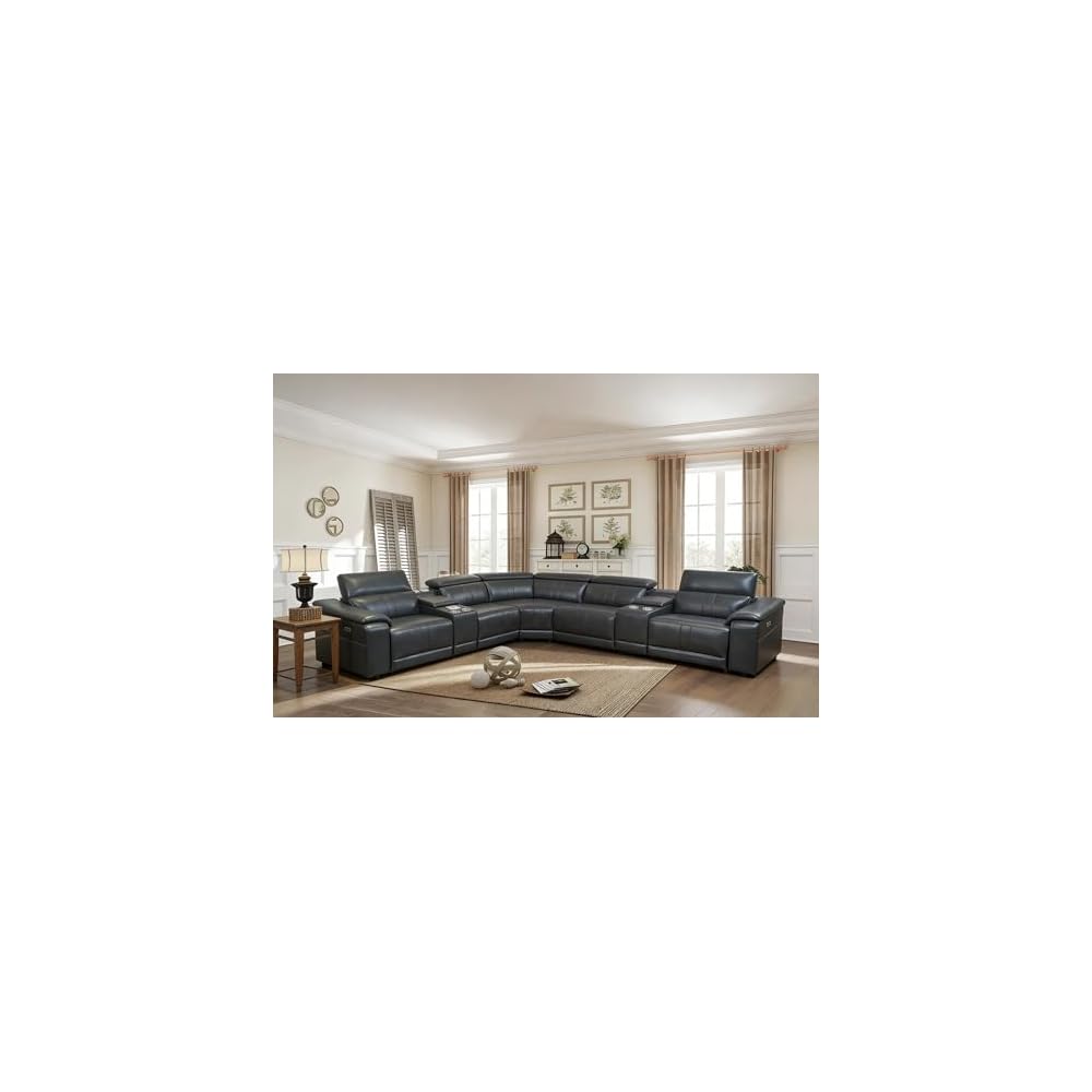 227“ Oversized L-Shaped Power Recliner Sectional Sofa 3Seat with Bluetooth Speakers LED Strip, Wireless Charging Storage Console Cup Holders Tech Leather for Living Room Home Theater, Dark Grey