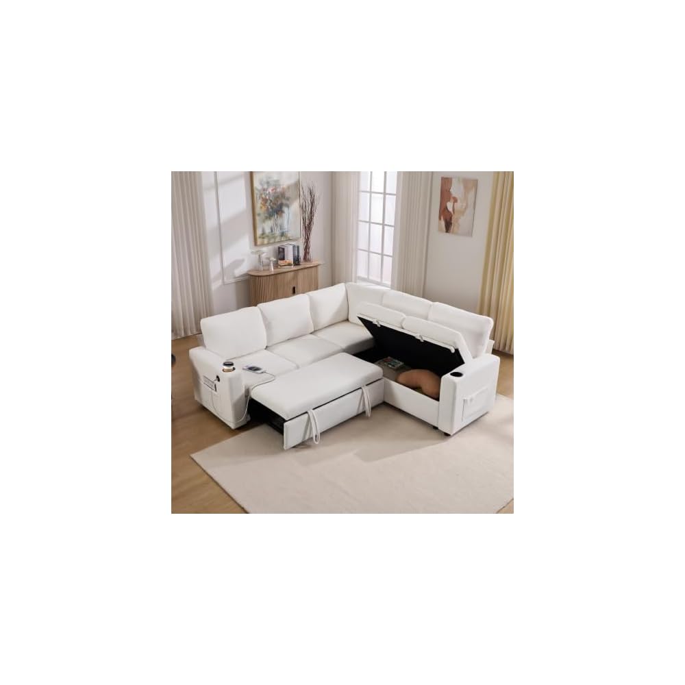 L Shaped Sofa Bed, Sectional Couch with Pull Out Bed, Beige