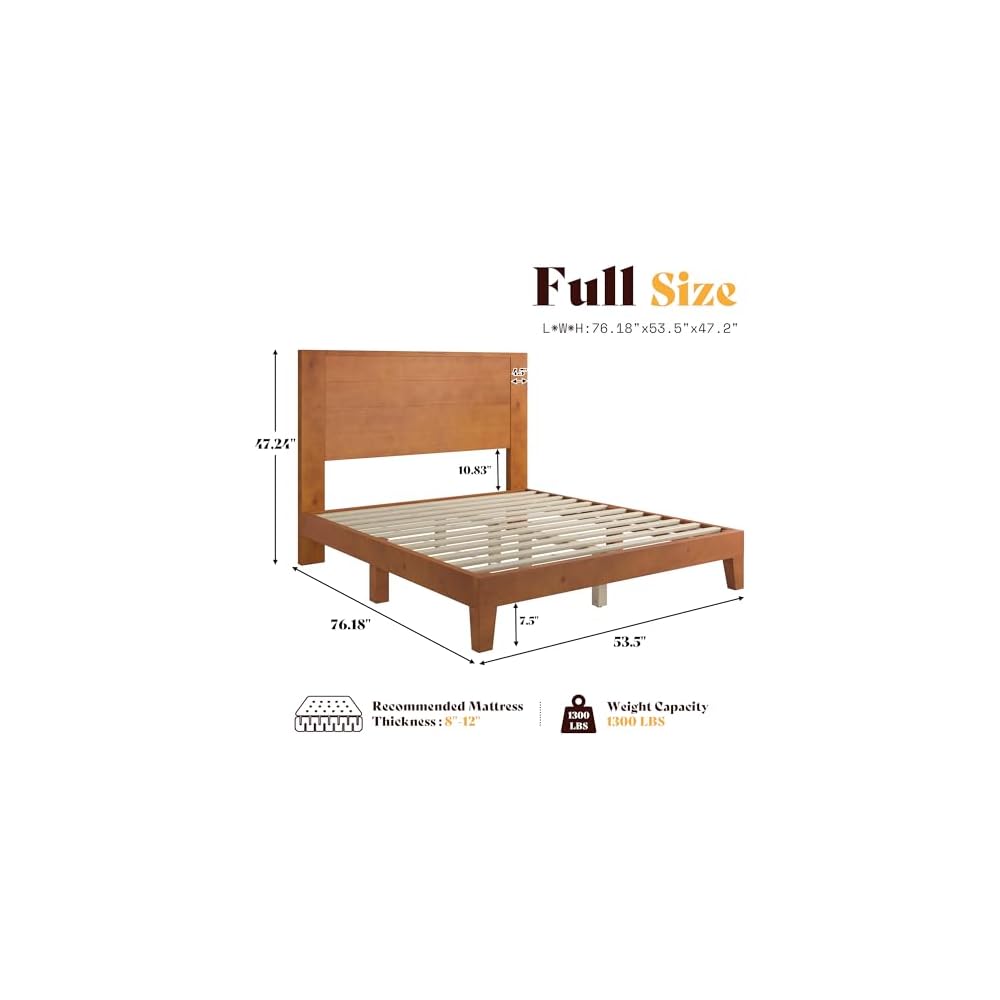 Full Size Solid Wood Platform Bed with Mid Century Style, Brown