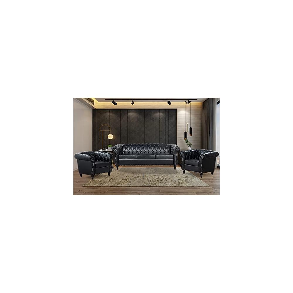 Black Chesterfield Sofa, Faux Leather Sofa Set for Living Room, Luxury Comfy Deep-Seat 3-Seater Couch and Two-Chair Set， for Bedroom, Office, or Apartment. Tool-Free 3-Piece Assembly