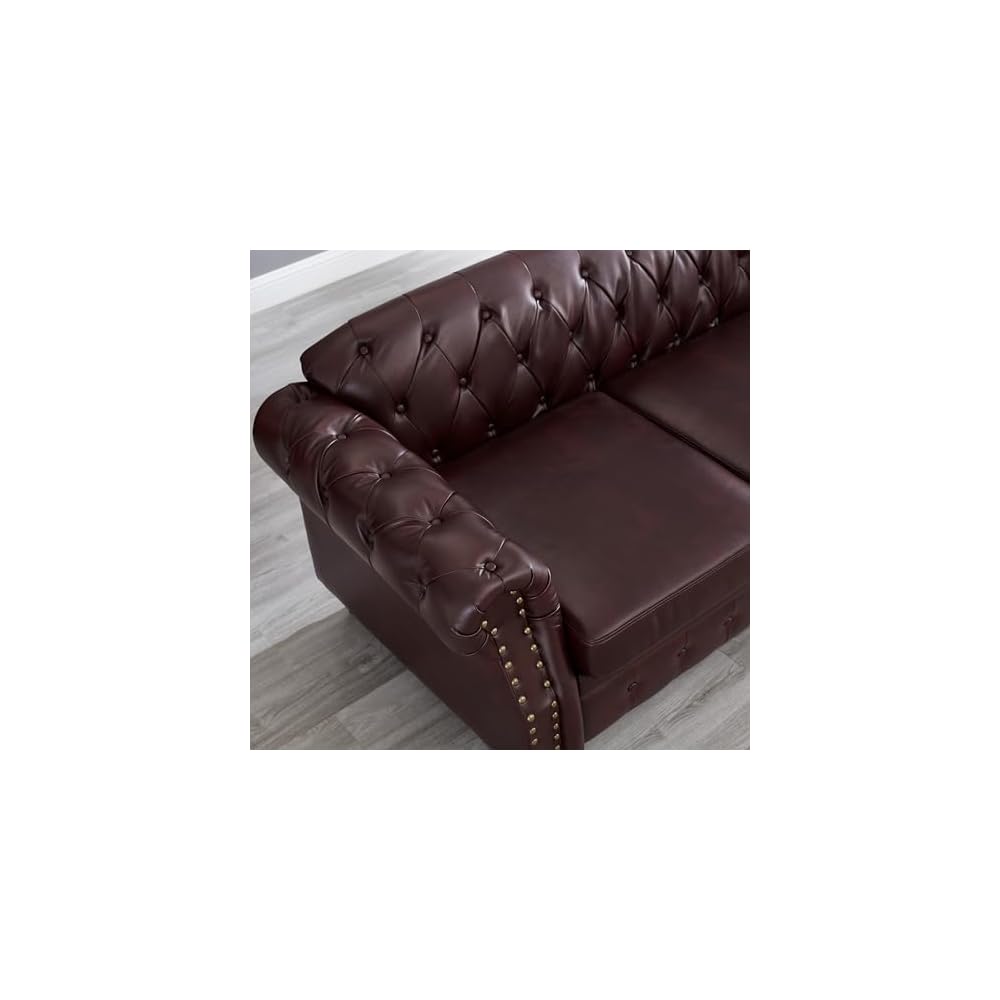 85.8" Chesterfield Sofa, Retro Style Upholstered with Storage Faux Leather PU Couch with Rolled Arm, Nailhead for Living Room Bedroom Office Apartment, Burgundy