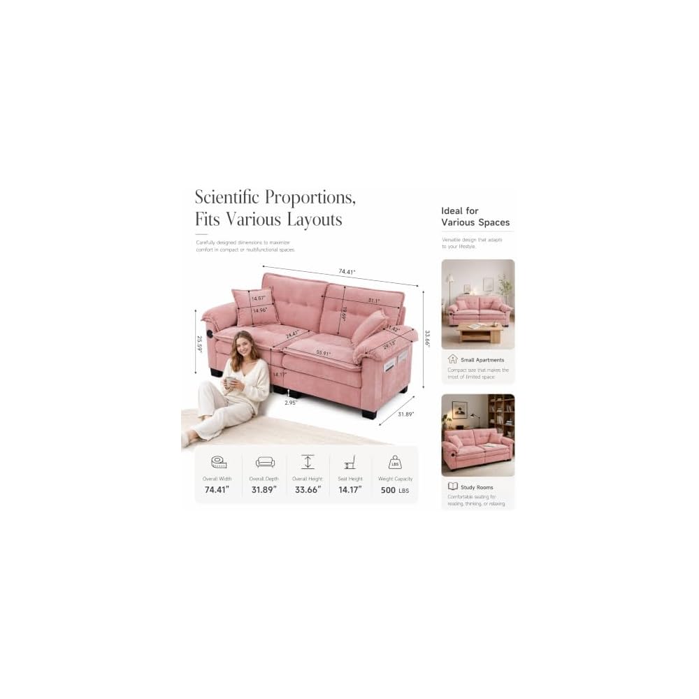 74" Chenille Loveseat Sofa with USB Charging (Pink)