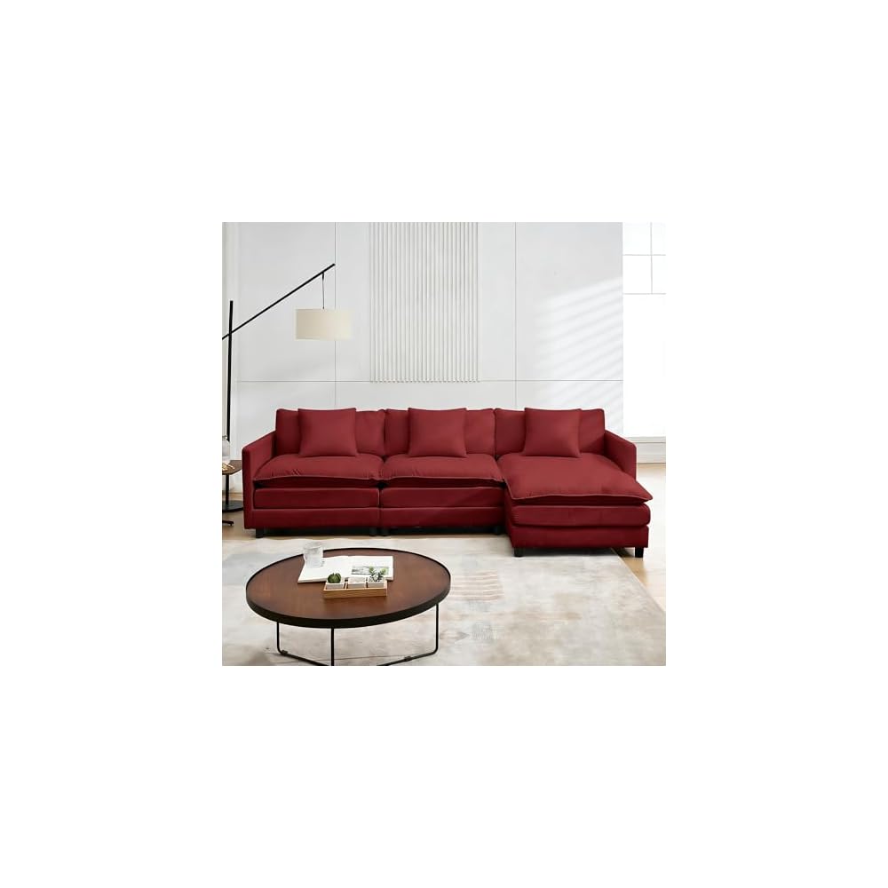 Modular Sectional Sofa,108.27'' Modern Sofa Sleeper Couch with 3 Seat & 1 Ottoman & 3 Pillows Sofa Set, Comfy Cloud Couches with Movable Ottoman for Living Room,Chenille (Wine red, L Shaped)