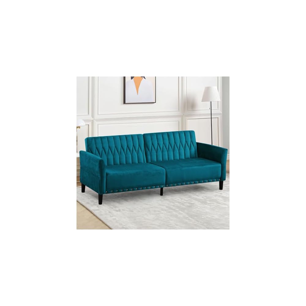 77" Velvet Futon Sofa Bed w/Adjustable Backrests & Armrests, Teal