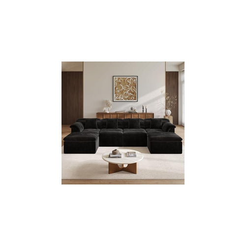 142" Modular Cloud Sectional Couch with Ottoman, Modern Upholstered Compressed Sofa with Deep Seat, Comfy U-Shape Corduroy Couches for Living Room, No Assembly Required, Black