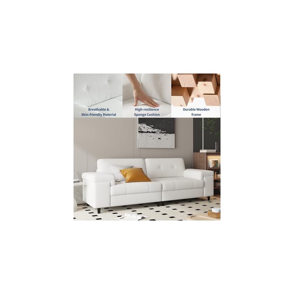 85" Modern Chenille Sofa with Adjustable Armrests, Deep Seat 3-Seater Couch with Button-Tufted Back, Multi-Functional Upholstered Loveseat for Living Room & Bedroom, Easy Assembly (Beige)