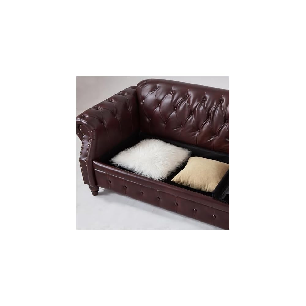 85.8" Chesterfield Sofa, Retro Style Upholstered with Storage Faux Leather PU Couch with Rolled Arm, Nailhead for Living Room Bedroom Office Apartment, Burgundy