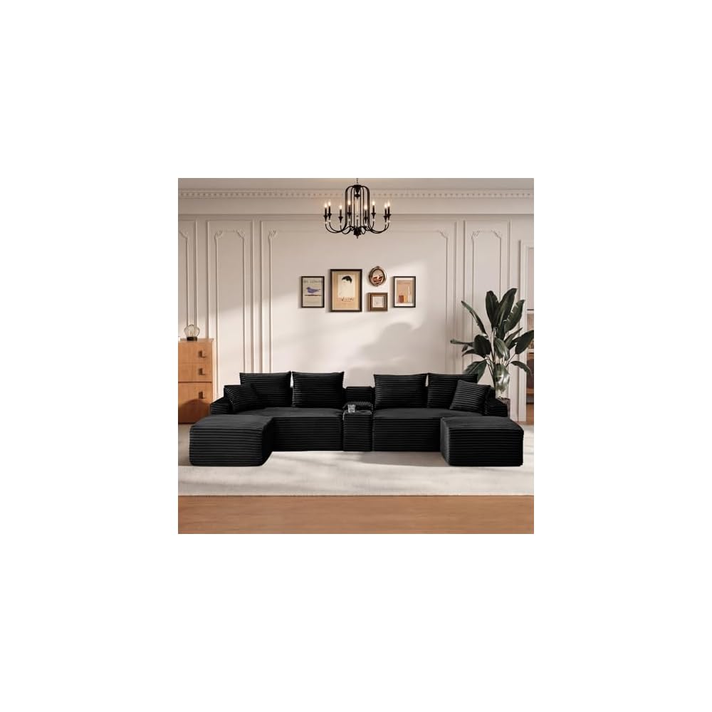 127" U-Shaped Cloud Boneless Sectional Couch, Oversized Compressed Modular Sectional Sofa with USB & Storge Console, Fluffy Corduroy Boneless Couches for Living Room with 2 Ottomans, Black
