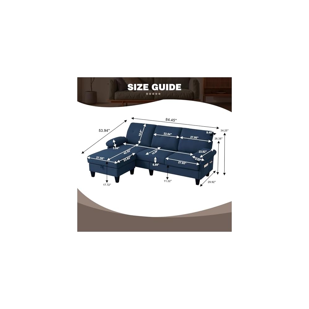 84" Convertible Sectional Sofa, Deep 3-Seat L Shaped Sectional Couch with Ottoman, Modern Linen Upholstered Couches for Living Room, Apartment and Small Spaces (Blue)