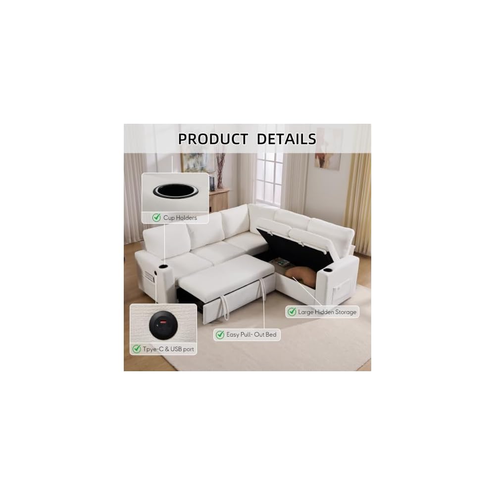 L Shaped Sofa Bed, Sectional Couch with Pull Out Bed, Beige