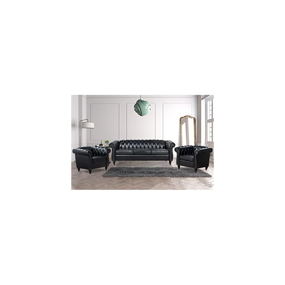 Black Chesterfield Sofa, Faux Leather Sofa Set for Living Room, Luxury Comfy Deep-Seat 3-Seater Couch and Two-Chair Set， for Bedroom, Office, or Apartment. Tool-Free 3-Piece Assembly