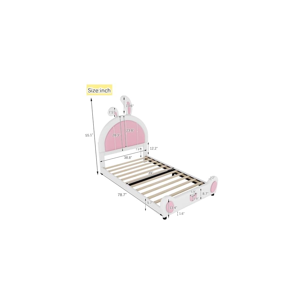 Twin Size Upholstered Platform Bed with Rabbit Shaped Headboard, White and Pink PU Bed Frame, Cute Cartoon Ear Design for Children Bedroom, Wooden Slat Support, No Box Spring Needed