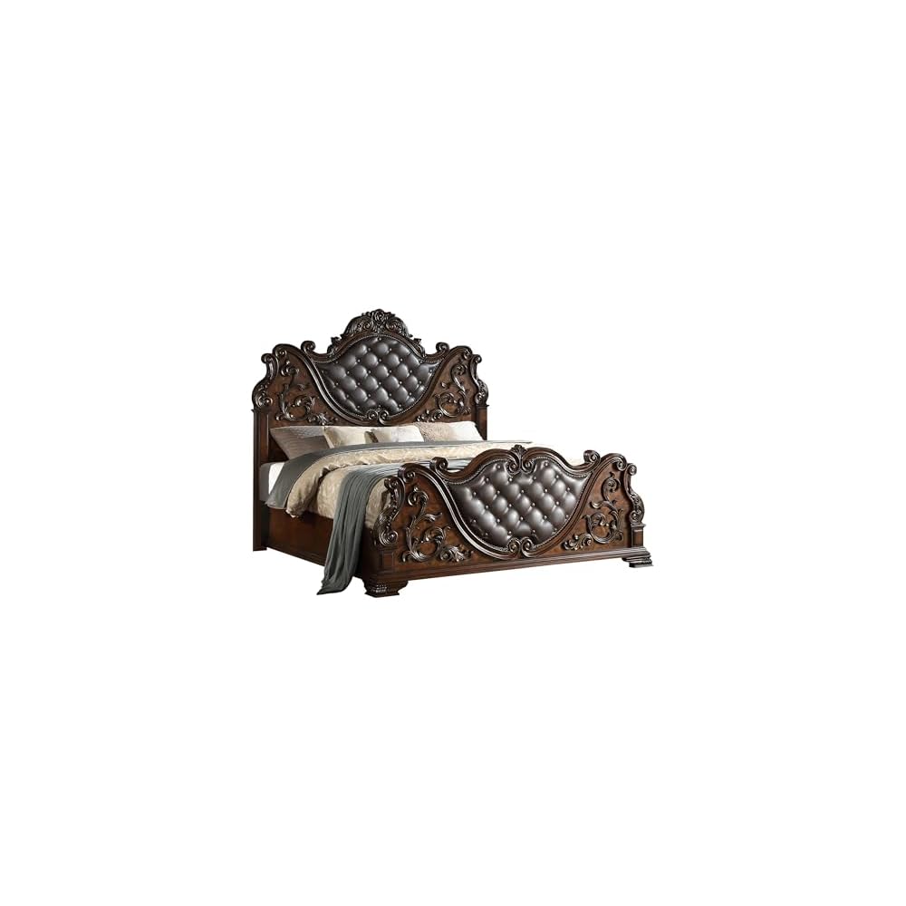 Cosmos Furniture Santa Monica Traditional Queen Bed - Cherry Finish Wood Bed with Tufted Headboard, Nail Head Trim - Queen Size for Classic Bedroom Decor