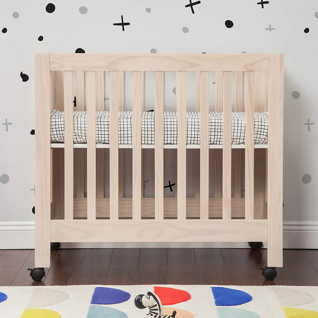 Babyletto Origami Mini Portable Crib Folding with Wheels in Honey, 2 Adjustable Mattress Positions, Greenguard Gold Certified