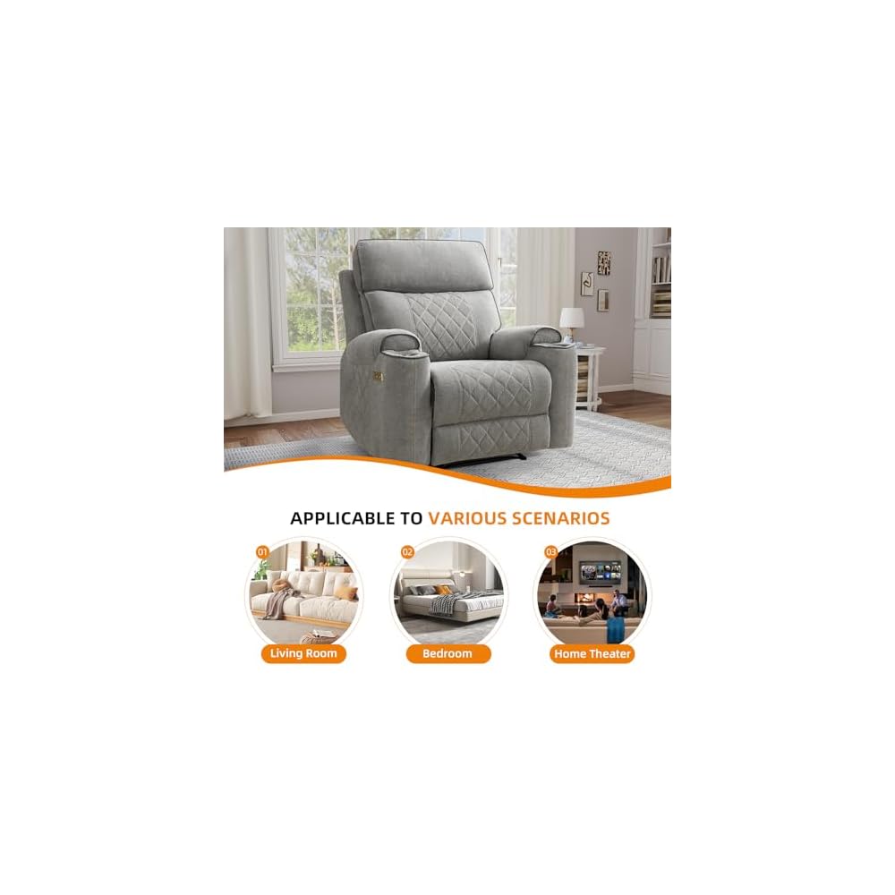 Power Recliner Chair, Electric Fabric Reclining Sofa with Cup Holders, USB Type-C Charging Ports, for Small Living Room, Bedroom and Meeting Room, Grey