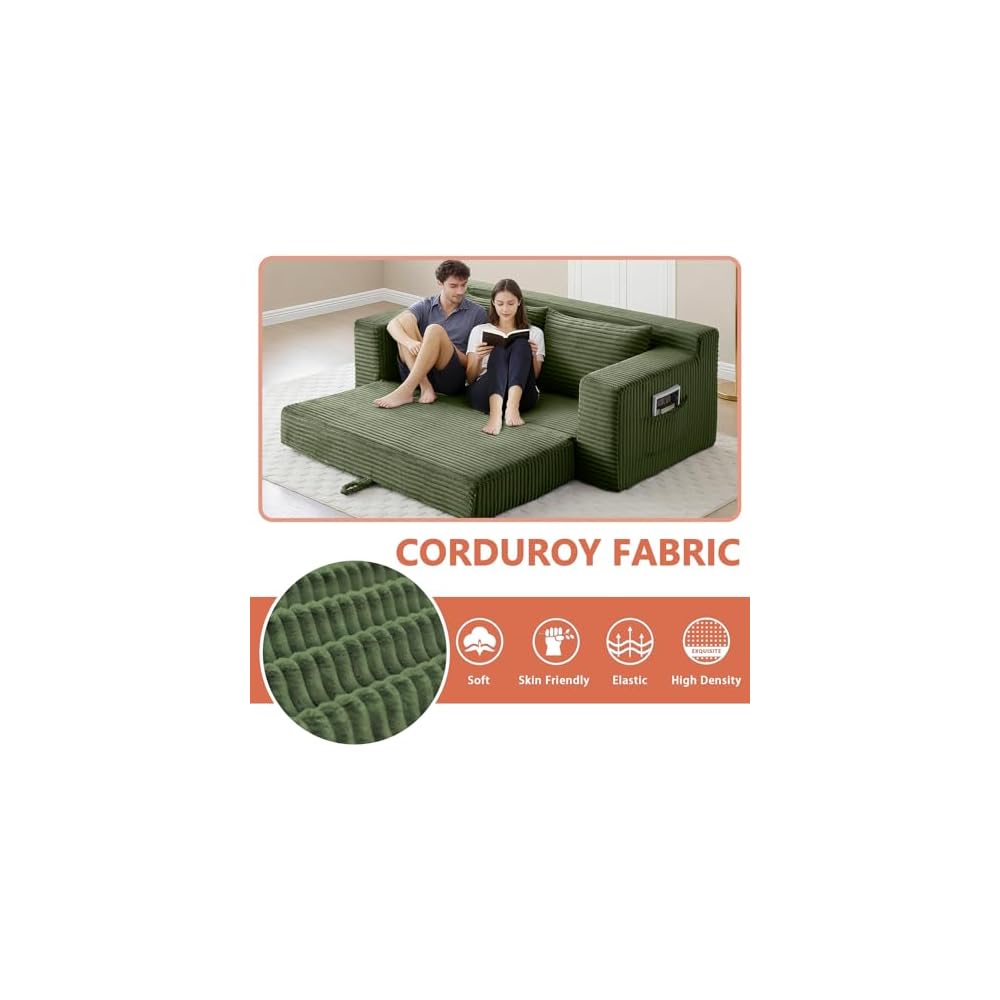 73" Green Boneless Loveseat Couch, 2 in 1 Pull Out Sleeper Sofa with Side Pockets & 2 Pillows, Folding Convertible Corduroy Floor Couch for Apartment Living Room Bedroom Dorm, No Assembly