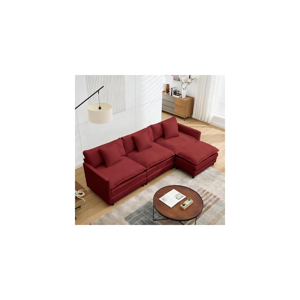 Modular Sectional Sofa,108.27'' Modern Sofa Sleeper Couch with 3 Seat & 1 Ottoman & 3 Pillows Sofa Set, Comfy Cloud Couches with Movable Ottoman for Living Room,Chenille (Wine red, L Shaped)