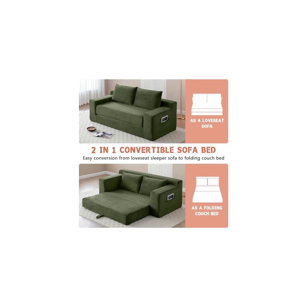 73" Green Boneless Loveseat Couch, 2 in 1 Pull Out Sleeper Sofa with Side Pockets & 2 Pillows, Folding Convertible Corduroy Floor Couch for Apartment Living Room Bedroom Dorm, No Assembly