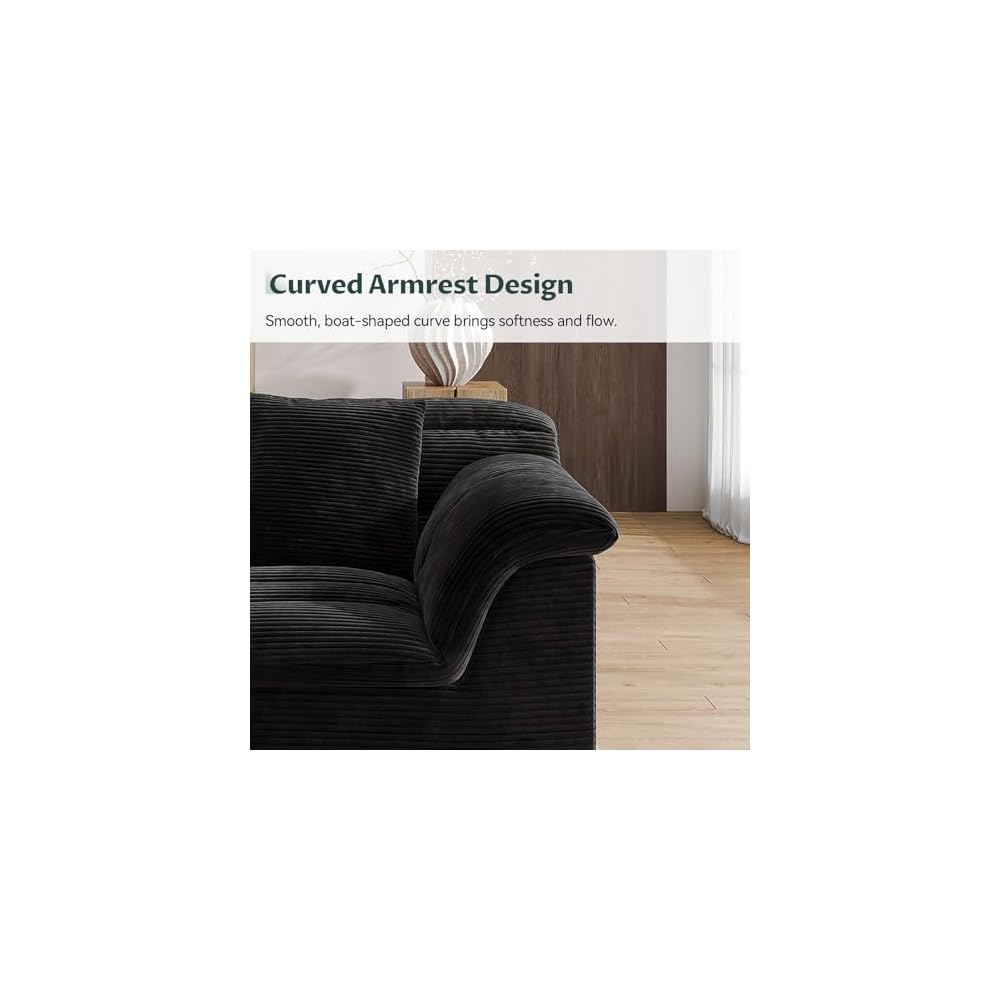 142" Modular Cloud Sectional Couch with Ottoman, Modern Upholstered Compressed Sofa with Deep Seat, Comfy U-Shape Corduroy Couches for Living Room, No Assembly Required, Black
