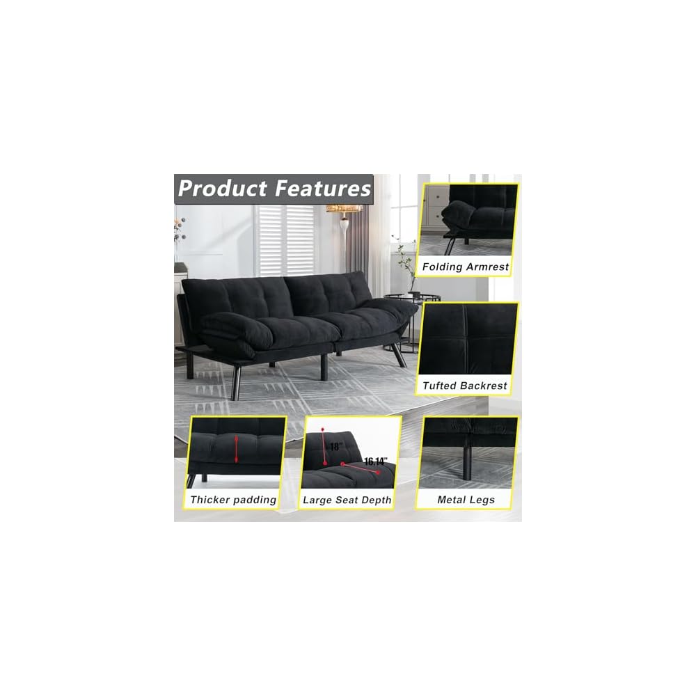 71" Velvet Futon Couch Bed with Mattress Included,Convertible Folding Sleeper Sofa Bed with Adjustable Backrests,Modern Loveseat Sleeper for Living Room Bedroom Small Space Home Office (Black)