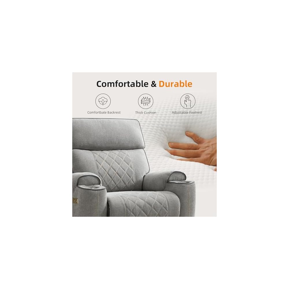 Power Recliner Chair, Electric Fabric Reclining Sofa with Cup Holders, USB Type-C Charging Ports, for Small Living Room, Bedroom and Meeting Room, Grey