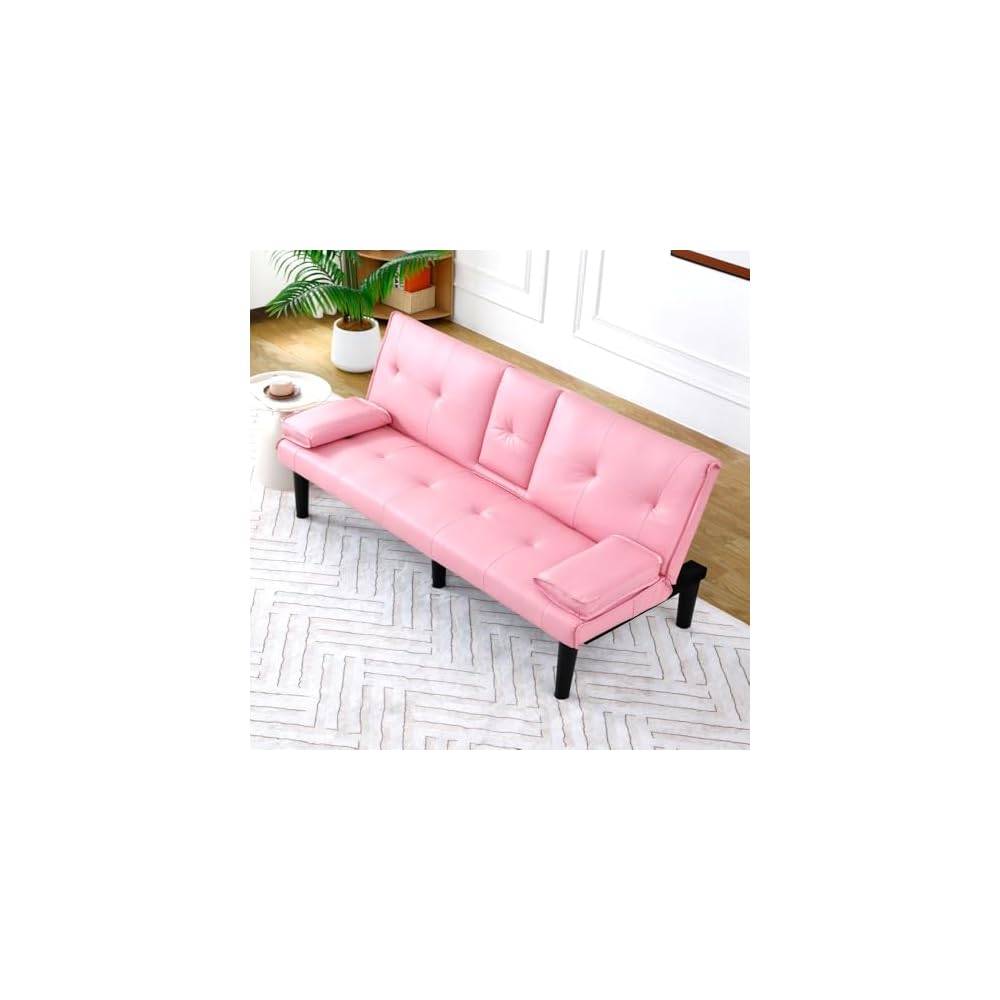 Convertible Sofa Bed, 67-Inch Pink PVC Futon Couch and Sleeper Sofa with Foldable Backrest and Cup Holders for Living Room, Apartment and Guest Room