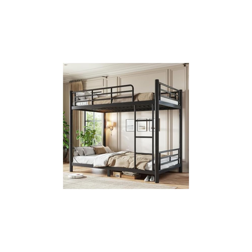 Twin XL Bunk Bed with Guardrail and Ladder, Convertible Bunk Bed Black
