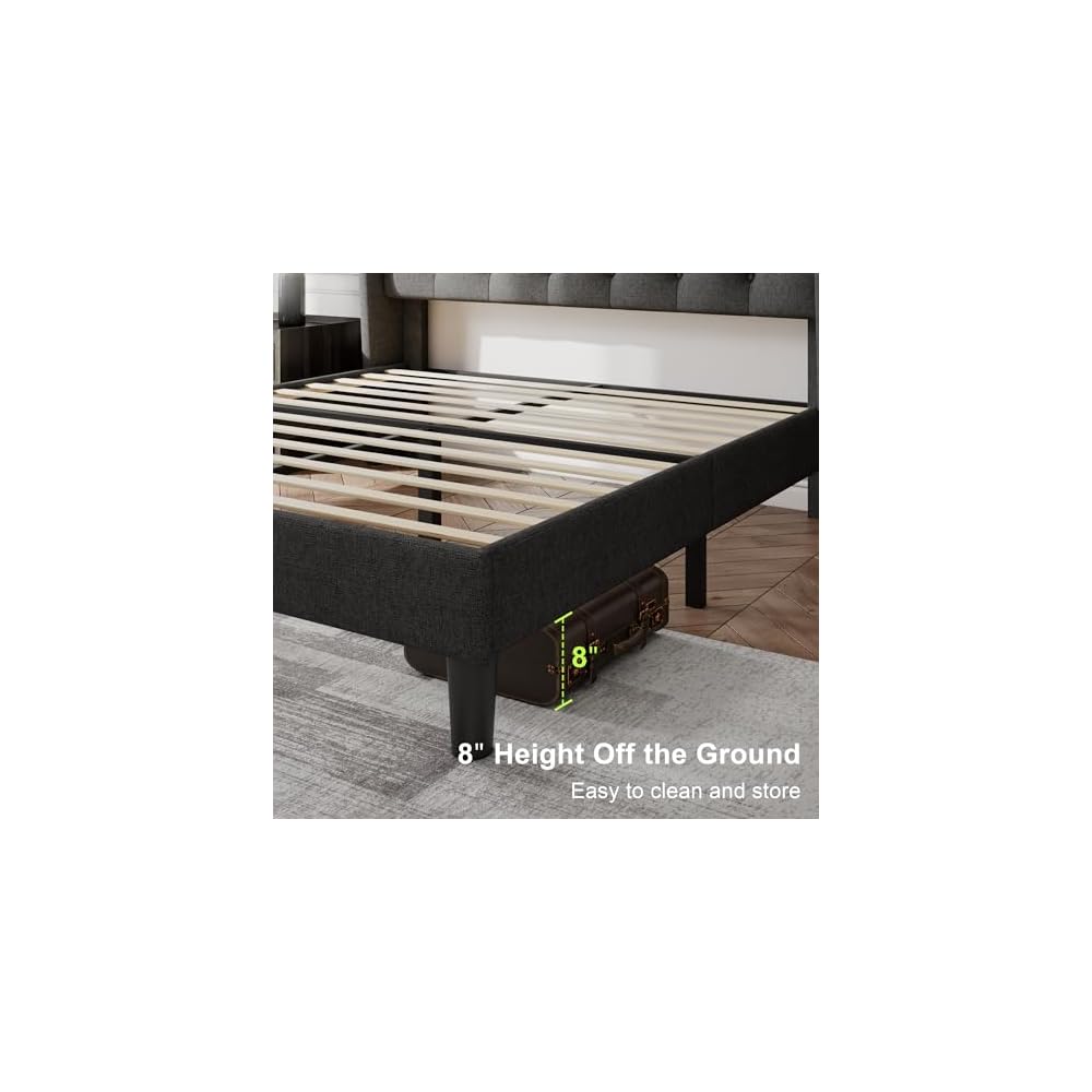 Queen Size Bed Frame with Diamond Tufted Wingback Headboard, Morden Upholstered Platform Bed, Sturdy Wooden Slats Support, Noise-Free, No Box Spring Needed, Easy Assembly, Dark Gray