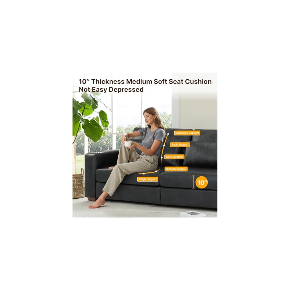 89" Sofa Couch for Living Room Faux Leather Upholstered Couch with Deep Seats and Wide Armrests 3 Seater Comfy Sofa with Cup Holders, USB & Type-C Ports, Spring Cushion, Solid Wood Frame Black