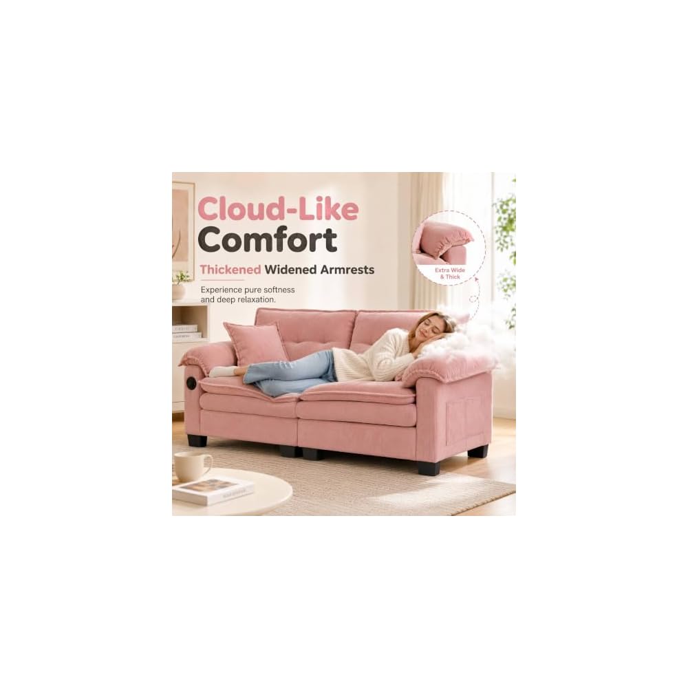74" Chenille Loveseat Sofa with USB Charging (Pink)