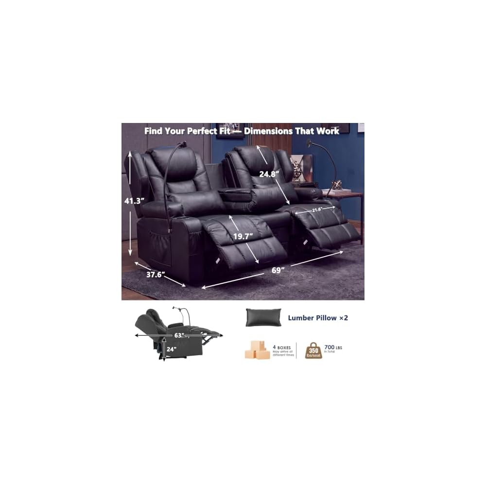 Loveseat Recliner with Massage and Heat,Built-in Bluetooth Audio & Cup Holders,Manual Wall Hugger Reclining Sofa Ideal for Small Spaces, RVs, Home Theater or Living Room，Black