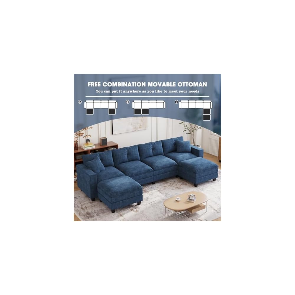 137",U Shaped Couch,Modern Modular Sectional Sofa, 4-Seater Comfy Cloud Couch with Two Movable Ottoman & Throw Pillows for Living Room, Bedroom and Apartment, Dark Blue