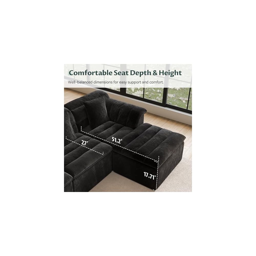 142" Modular Cloud Sectional Couch with Ottoman, Modern Upholstered Compressed Sofa with Deep Seat, Comfy U-Shape Corduroy Couches for Living Room, No Assembly Required, Black