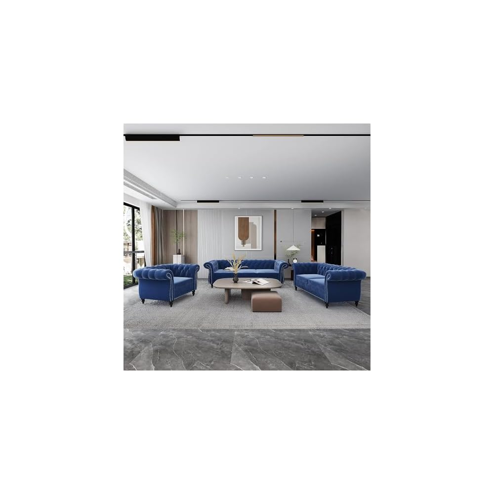 3 Piece Living Room Couch Set, Sectional Chesterfield Sofa Chair Contemporary Upholstered Velvet Loveseat Sofa Sets for Living Room, Office, Small Apartment