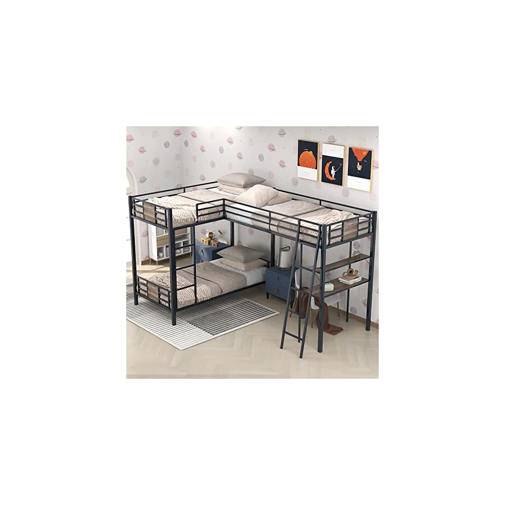 L-Shaped Twin Over Twin Bunk Bed with Twin Size Loft Bed with Desk and Shelf,Brown