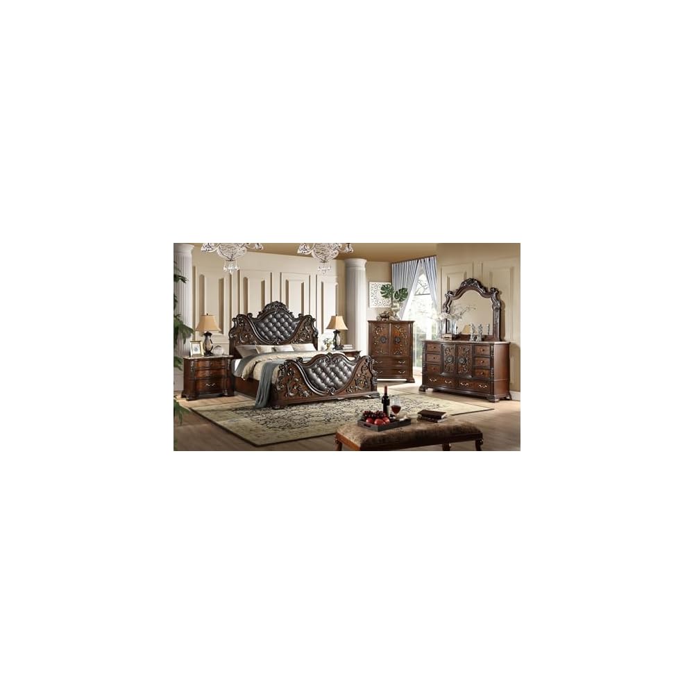 Cosmos Furniture Santa Monica Traditional Queen Bed - Cherry Finish Wood Bed with Tufted Headboard, Nail Head Trim - Queen Size for Classic Bedroom Decor