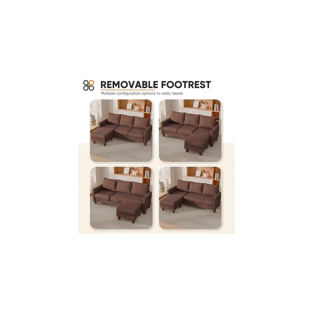 L Shape Sectional Sofa Couch, 3 Seat Convertible Sofa with Movable Ottoman and Side Storage Pockage, Modern Couches for Living Room & Apartment (Linen, Brown)