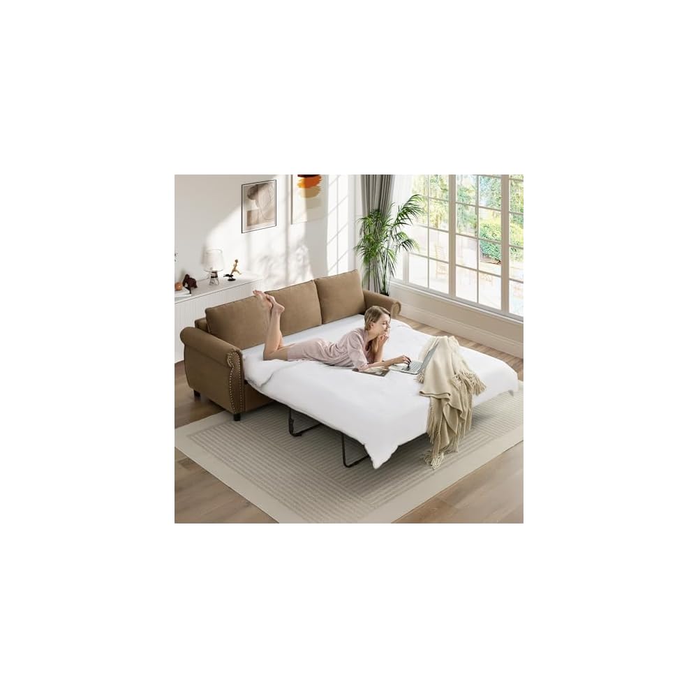 Pull Out Sofa Bed with Mattress Included, Convertible Futon Oversized Chenille 3 Seater Loveseat Sleeper Sofa Couch Bed with Rivet Decoration & Rolled Arms for Guest Room Office Living Room, Brown