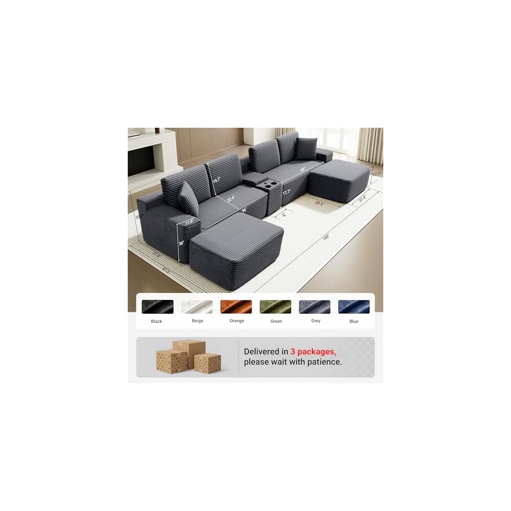 150 Inch Modular Sectional Sofa Couch, Oversized Modern Cloud Couch for Living Room, U Shape Couches with 2 Ottomans, USB Ports and Cup Holders, Corduroy Boneless Sofas, Sofa in a Box, Grey