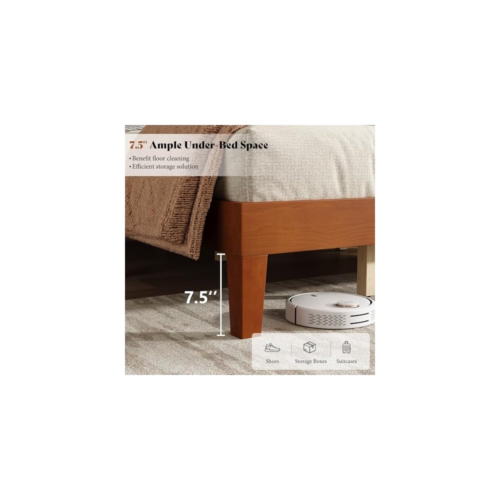 Full Size Solid Wood Platform Bed with Mid Century Style, Brown
