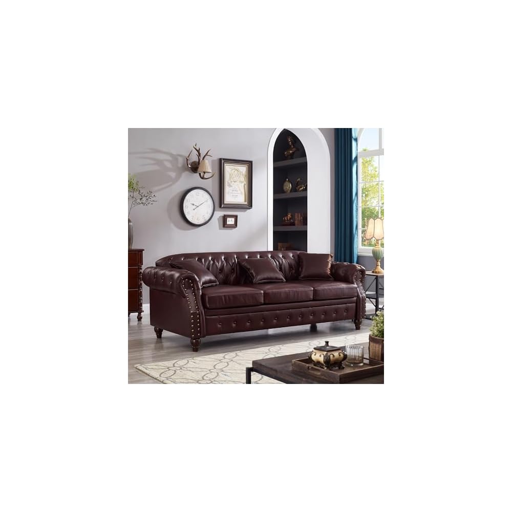 85.8" Chesterfield Sofa, Retro Style Upholstered with Storage Faux Leather PU Couch with Rolled Arm, Nailhead for Living Room Bedroom Office Apartment, Burgundy